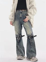 Women's Jeans QWEEK Harajuku Retro Blue Women Y2K Streetwear Hollow Out Denim Pants Oversized 90s Vintage Hippie Punk Wide Leg Trousers