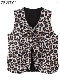 Women's Vests Zevity Women Vintage V Neck Bow Lace Up Leopard Print Vest Jacket Office Ladies Sleeveless Casual Slim WaistCoat Tops CT276