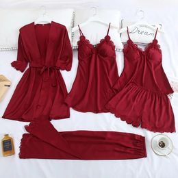 5PCS Pyjamas Set Burgundy Womens Satin Lace Sleep Pijama Home Nightie Sexy V-Neck Bathrobe Spring Wear Robe Gown Suit Sleepwear 240408