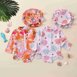 One-Pieces 2023 Summer Preschool Childrens Baby Swimsuit Flower Print Zipper Long sleeved Swimsuit Headband Swimsuit Beach Suit Q240418