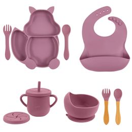 8pcs/Set Childrens Tableware Silicone Dishes For Baby Feeding Set Sucker Bowl Cup Waterproof Bib Spoon Fork Baby Stuff 240409