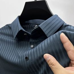 Mens Ice Silk Polo Shirt Lapel Hollow Short-Sleeved Breathable Business Fashion T-Shirt Mens Brand Clothing Summer 240410