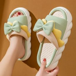 Linen Slipper Indoor Slippers Comzy AntiSlip House Cotton Shoes Cute Bowknot Flat Couples Slides Spring Summer 240412