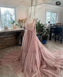 Casual Dresses Charming See Thru Tulle Square Collar Women A-Line Draped Formal Dress With Long Train Dressing Real Image Vestiti