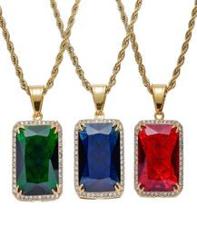 Men Women Hip Hop Gemstone Pendant Necklace Popular Red Blue Green Gem Jewellery High Quality Stainless Steel IP Gold Plated Accesso6696268