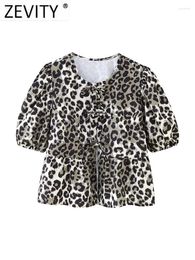 Women's Blouses Zevity Women Sweet Bow Tied Lace Up Leopard Print Blouse Female Chic Pleats Puff Sleeve Casual Ruffles Shirt Blusas Tops