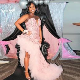 Party Dresses Pretty Pink Asymmetrical Long African Prom Gowns Shiny Lace Peales Beaded Nigerian Aso Ebi Evening Dress Ruffles Tulle Trim