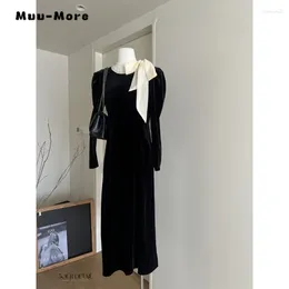 Casual Dresses Vintage Style Patchwork O-neck Bow Lace-up Elegant Evening Dress Women's Long Sleeve Slim Fit High Waist Party Wedding