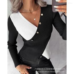 Women's T Shirts Long Sleeve V Neck Corset Ribbed T-shirt Streetwear Elegant Women Colorblock Button Overlap Knit Sweater Shirt Top Y2K