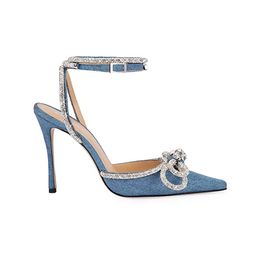 Double Bow Denim Pumps 110mm Shine Crystal Luxury Sandals Designer High Heels Whitedress Shoes Wedding Dance Women Partydress Shoes Sexy Point Toe Textile Upper
