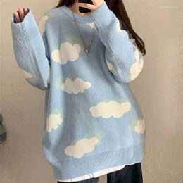 Women's Sweaters Japan Style White Clouds Knitted Sweater And Vest Preppy Sweet Girls O-Neck Blue Sky Long Sleeve Jumpers Chic Pullovers