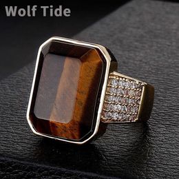 Vintage Hip Hop Big Natural Tiger Stone Ring Band Mens Shiny Micro Set Cubic Zirconia Cz Stone 14k Gold Plated Solid Copper Open Cuff Finger Rings Adjustable Jewellery