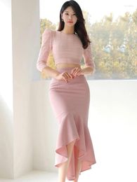 Work Dresses Korean Fashion Sweet 2 Pieces Outfits Women Clothes Sexy O-Neck Cropped Short Tops Shirt Coat And High Waist Long Skirt Slim