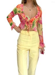 Women's T Shirts 2024 Fashion Women See-through Cardigan Orange Floral Print Plunging Neckline Tie-up Cropped Tops