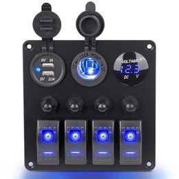 12V 24V 4 Buttons Rocker Switch Panel Voltmeter Dual USB Chargers 3.0 Light Toggle Accessories for Boat Marine Car RV Camper Caravans