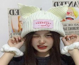 Beanie Lover boy Pig Ear Knit Hat Doublelayer Warm Cat Woolen Cute Fashion Hooded Cap Niche Design Hiphop Personality Y22091138249