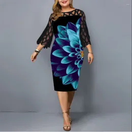 Casual Dresses Plus Size Elegant Printed Pencil Skirt Office Lace Decoration O-Neck Flare Sleeves Mid Waist Slim Fit Hip Digital Dress