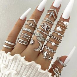 Cluster Rings 23pcs/Set Vintage Moon Sun Eyes Leaves Set For Women Silver Colour Geometric Cross Knuckle Joint Ring 2024 Trendy Jewellery