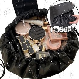 Cosmetic Bags Black Portable Drawstring Bag Travelling Women Makeup Storage Organiser Holder Waterproof Foldable Case Pouch