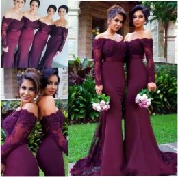 2024 Cheap Burgundy Mermaid Long Bridesmaid Dresses Sexy Off Shoulder Lace Applique Beaded Party Gowns Maid Dress Plus Size Custom Made