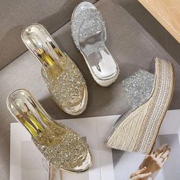 Slippers 2024 Women 10.5cm High Heels 4.5cm Platform Pumps Catwalk Designer Sandals Crystal Muffin Slides Sparkly Jelly Gold Party Shoes