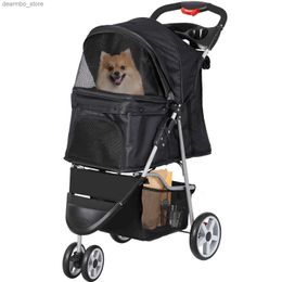 Dog Carrier Foldable Pet Stroller for Cats and Dos 3 Wheels Carrier Strollin Cart with Weather Cover Storae Basket + Cup Holder L49