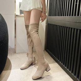 Casual Shoes 2024Female Women Boots Sexy Zipper Over The Knee Flats Square Toe Long Thigh High Suede Chunky Heel