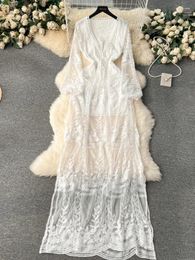 Casual Dresses Wedding Maxi Dress For Women Vintage Lace Embroidery Long Sexy Deep V-neck Temperament Spring Summer Beach