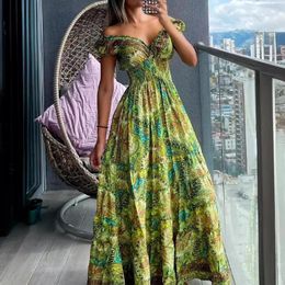 Casual Dresses Paisley Print Shirred Short Sleeve Dress Women Party Night Club Maxi Vestidos Beach 2024 Summer Prom Floral