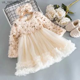Girl's Dresses Childrens clothing girl dress 2023 winter new childrens plush and thick princess dress bow as a gift Q240418