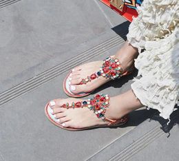 Sandals Women Flat Red Flip-Flops Wedding With Colourful Rhinestones Beach Shoes Ankle Strap For Girls