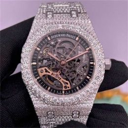 Luxury Ap Diamond iced Mosonite Can pass Test Moissanite Watches Version Skeleton Pass Test Quality Mechanical Eta Movement Men Full Out Sapphire with Box