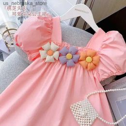 Girl's Dresses Baby Girls Dress Summer Pink Cute Slim Fit Puff Sleeves Elegant Princess Dress With Flowers Birthday Party Clothes 1-9 Years Old Q240418