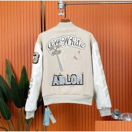 Mens Jackets 2023 Winter Off Brand White Jacket Fashion New Hand-Embroidered Wool Bomber Coat And Womens Baseball Coats Leisure Versat Dhu0S