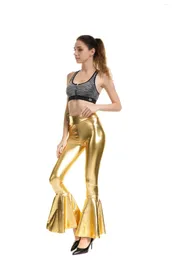 Women's Pants Faux Leather Golden Flare Sexy Women High Waist Bodycon Bell Bottom Metallic Silver Trousers