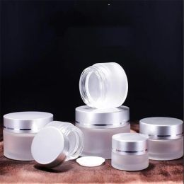 High-end Frosted Glass Cosmetic Jar Empty Face Cream Storage Container Refillable Sample Bottle with Silver Lids