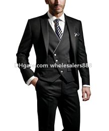 Tuxedos Customise Groomsmen Peak Lapel Groom Tuxedos Charcoal Grey Men Suits Wedding/Prom/Dinner Best Man Blazer(Jacket+Pants+Tie+Vest) K8