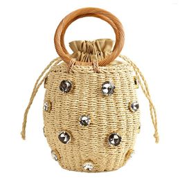 Evening Bags Women Summer Beach Daily Use Rhinestone Embellished Straw Bucket Bag Small Gift Holiday Travel Rattan Woven With Handle Fashion