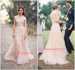 Cheap Blush Champagne V Neck Lace Wedding Dresses Reem Acra Puffy A Line Bridal Gowns Vintage Country Garden Wedding Dresses BO6089