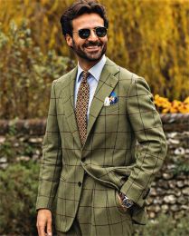 Tuxedos One Piece Handsome Green Men Suits Wedding Tuxedos New Fashion Damier Check Wool Blend Groom Men Slim Fit Coat for Man Custom Made