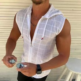 summer fashion plaid zipper sleeveless hooded cardigan T-shirt mens slim sports breathable fitness top 240409