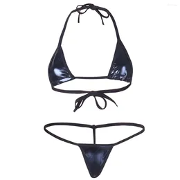 Women's Swimwear Women Two Piece Bikini Set Sexy Lingerie Suit Patent Leather Halter Micro Bra Tops With G-string Thong Bottoms Underwear