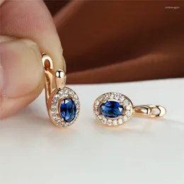 Backs Earrings Cute Female Rose Gold Colour Crystal Blue Stone Dainty Oval Zircon Wedding Jewellery For Women