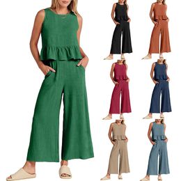 Pontas de perna larga Conjunto de calças, colete de cores sólidas de ponta, 2024 Summer New Women's Feminino Sleesess Pleated Colle