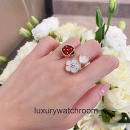 High End jewelry rings for vancleff womens Seiko Rose Gold Seven Ladybug Five petal Open Ring with Grade Light Luxury and Small Four Leaf Grass Original 1:1 With logo