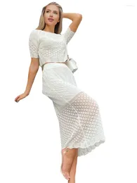 Work Dresses Casual Crochet Knitted Two Piece Set Women Summer O-neck Short Sleeve Pullover Tops T-shirt Long Maxi Skirt Women's Suit