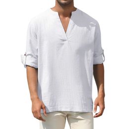Leisure Fashion Long Sleeved Shirt Solid Vneck Cotton Linen Mens 240412