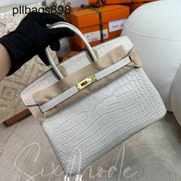 Handmade 7a Handbag Bikns Genuine Leather White Misty Bay Crocodile Uncle Wax ThreadTDMS