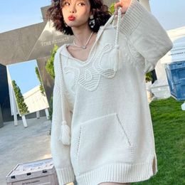 New Triumphal Arch Embroidery Slouchy Hooded Knit Sweater Loose Fried Dough Twists Braid Top