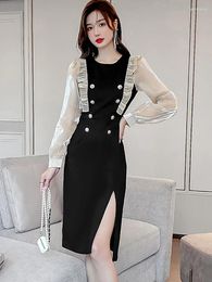 Casual Dresses 2024 Black Patchowrk Long Sleeve Midi Dress Autumn Winter Chic Ruffled Office Lady Women Korean Vintage Party Night